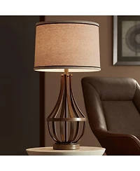 Franklin Iron Works Louanne Industrial Table Lamp 29" Tall Oil Rubbed Bronze Metal Burlap Linen Drum Shade for BBedroom Living Room Bedside Night