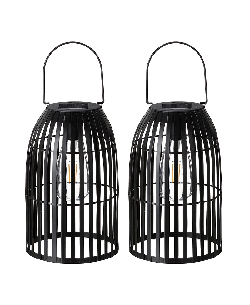 Glitzhome 9.75" H Set of 2 Metal Stripes Solar Powered Edison Bulb Outdoor Hanging Lantern
