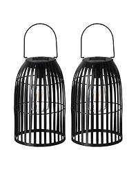 Glitzhome 9.75" H Set of 2 Metal Stripes Solar Powered Edison Bulb Outdoor Hanging Lantern