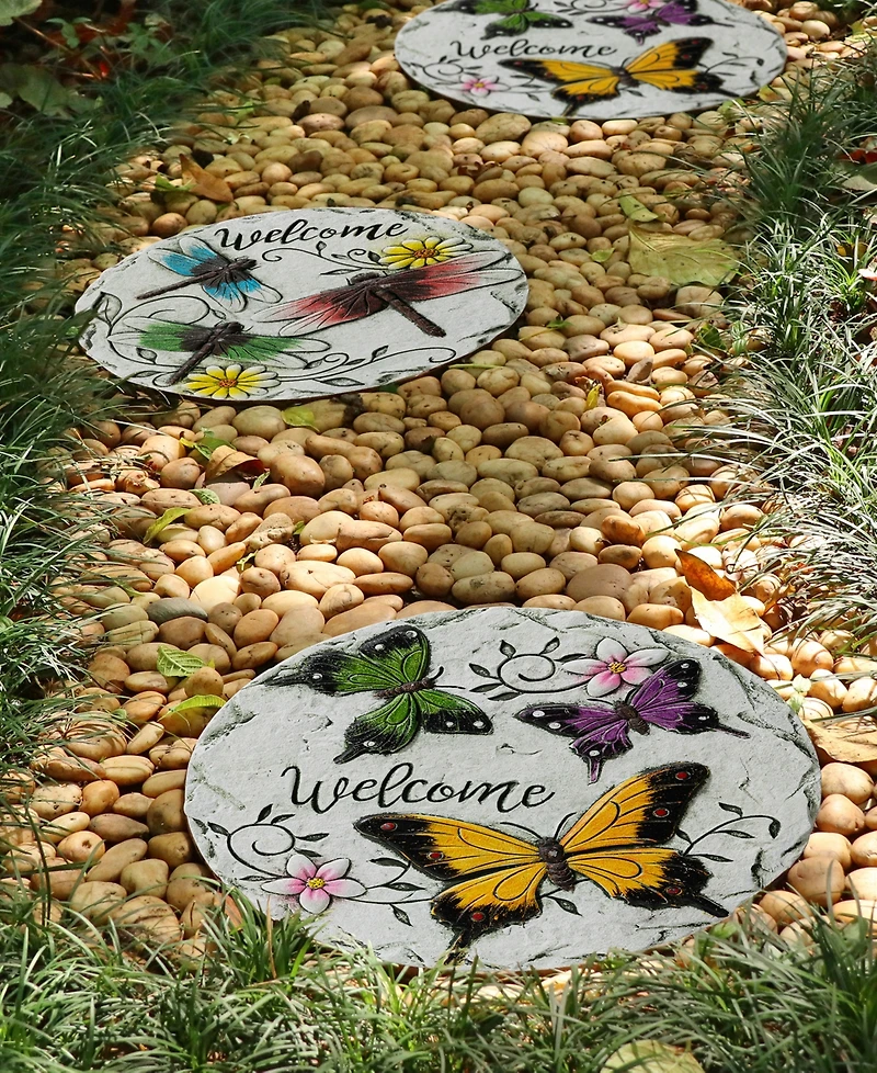 Glitzhome 9.75" D Set of 2 Cement Stepping Stones with Fluttering Butterflies and Dragonflies Pattern