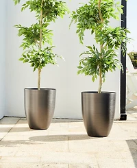 Glitzhome 16.75" H Set of 2 Black Resin and Stone Faux Brushed Steel Texture Tall Planter