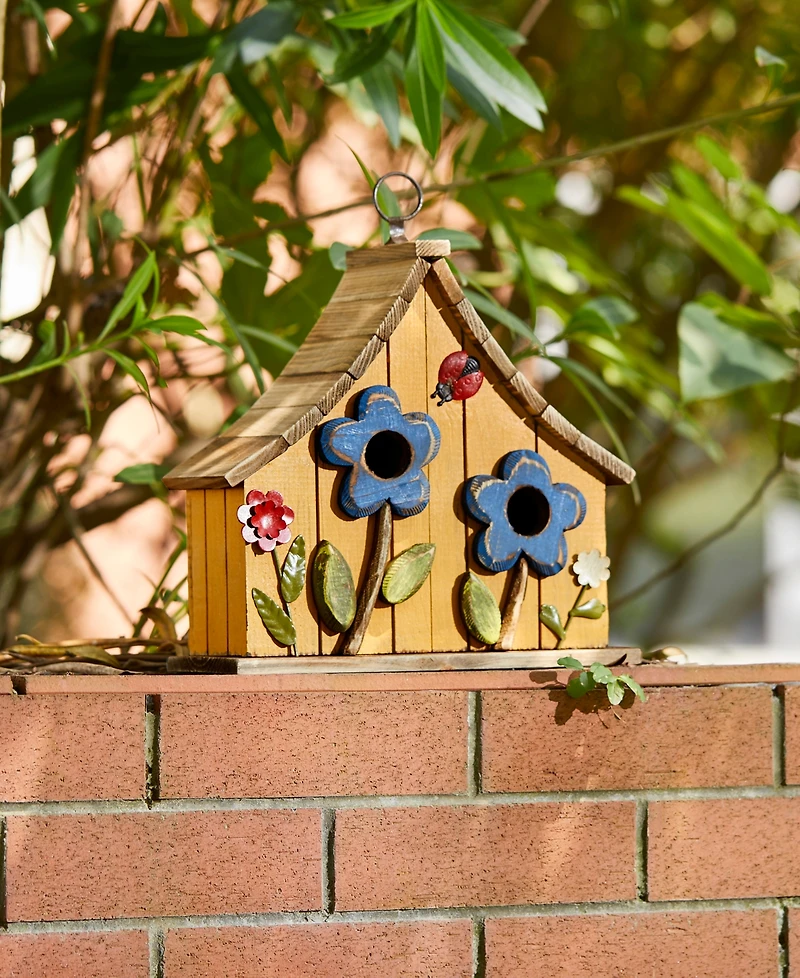 Glitzhome 10.5" H Washed Distressed Solid Wood Two-Story Townhouse Garden Birdhouse with 3D Flowers