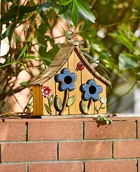 Glitzhome 10.5" H Washed Distressed Solid Wood Two-Story Townhouse Garden Birdhouse with 3D Flowers