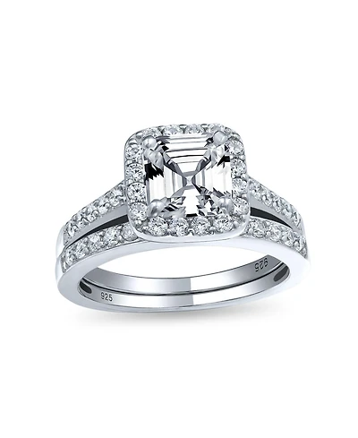 Bling Jewelry Art Deco Style 2CT Square Solitaire Asscher Cut Cz Halo Anniversary Engagement Wedding Band Ring Set For Women Sterling Silver