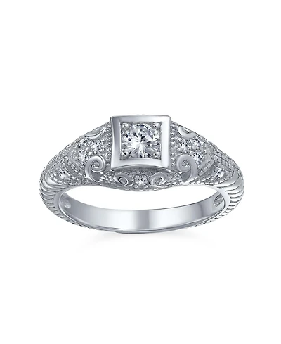 Bling Jewelry 1CT Deco Style Square Bezel Solitaire Round Cz Milgrain Promise Ring Sterling Silver