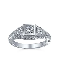Bling Jewelry 1CT Deco Style Square Bezel Solitaire Round Cz Milgrain Promise Ring Sterling Silver