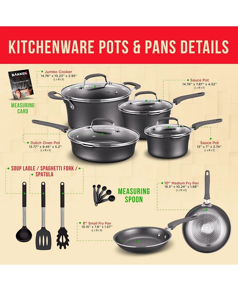 Bakken- Swiss Pots and Pans Set – 14 Piece – Non-Stick Professional Home Kitchenware – Cooking Pots with Lids – Skillet Fr