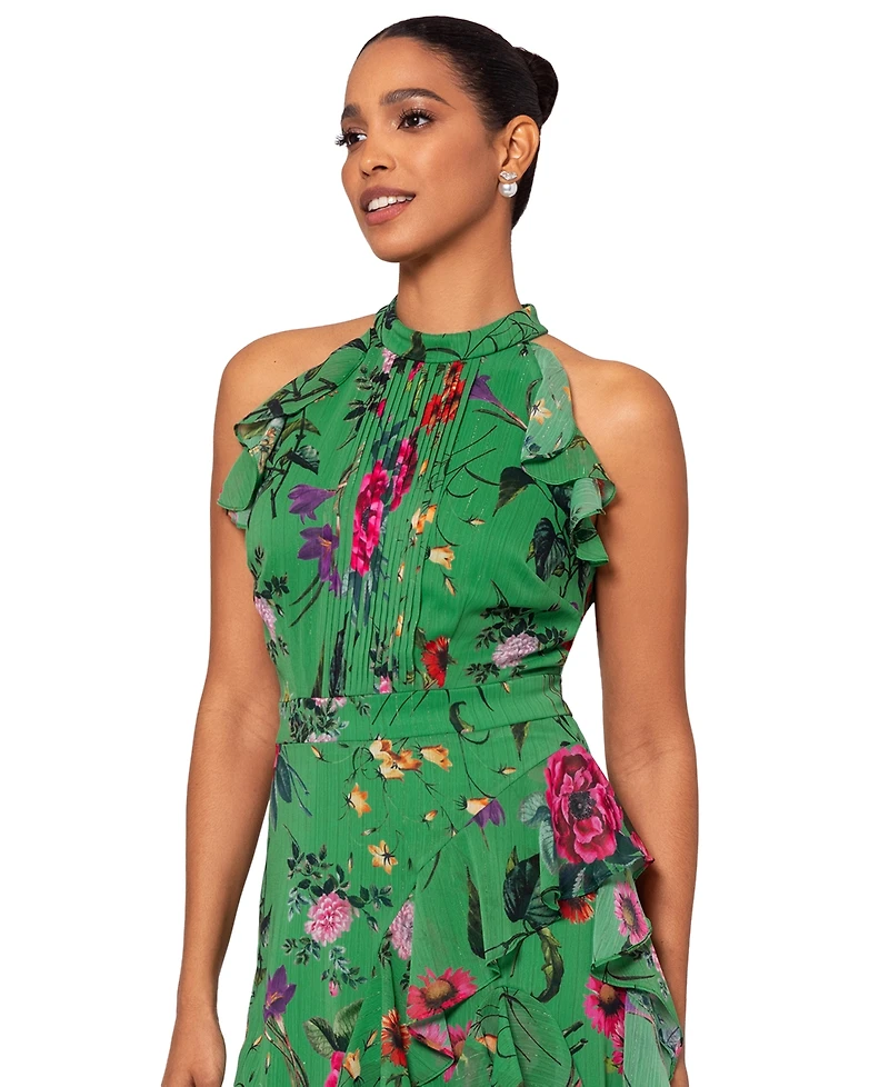 Betsy & Adam Petite Floral-Print Ruffled Halter Gown