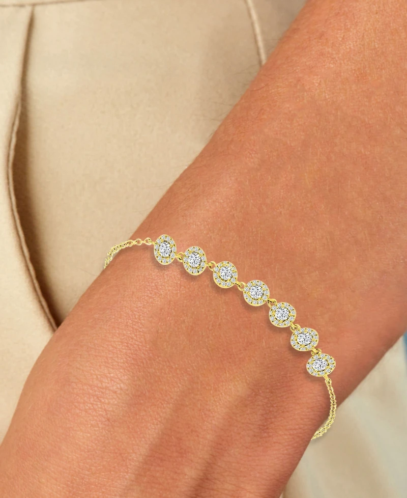 Cubic Zirconia Halo Seven Stone Link Bracelet in 14k Gold-Plated Sterling Silver