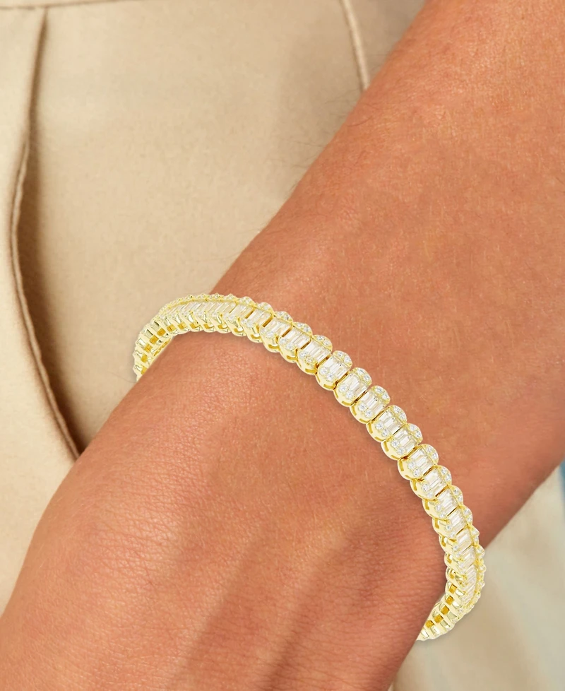 Cubic Zirconia Round & Baguette Mini Clusters Tennis Bracelet in 14k Gold-Plated Sterling Silver