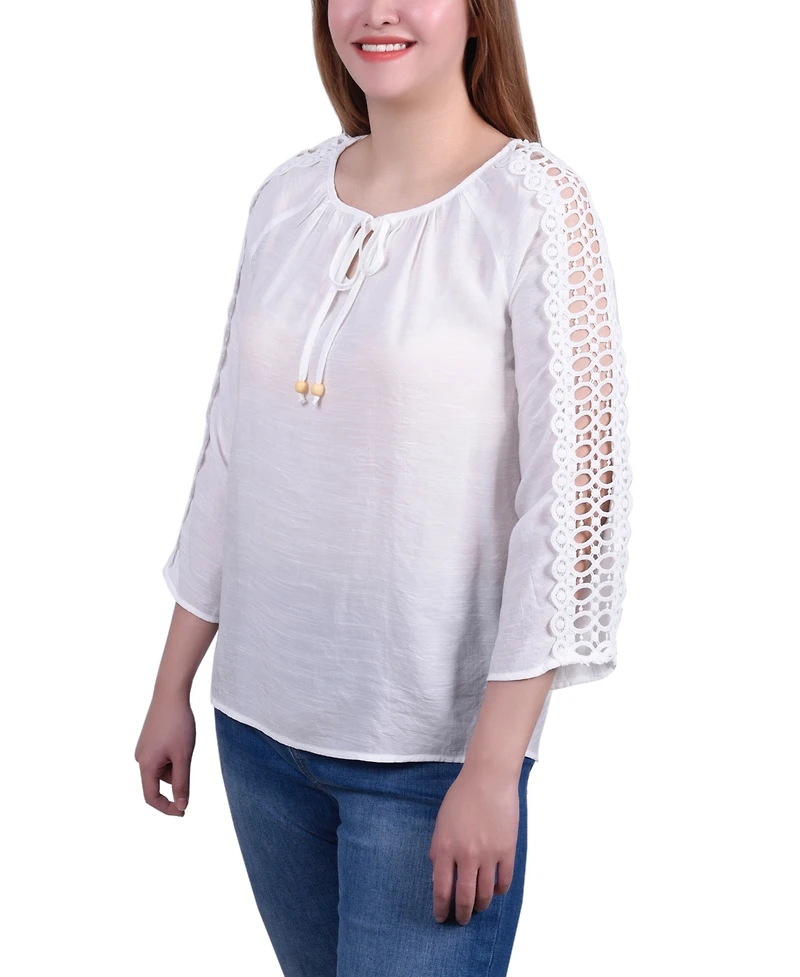 Ny Collection Petite 3/4 Sleeve Tunic with Crochet and Tie Neck