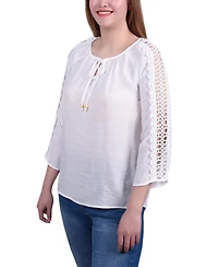 Ny Collection Petite 3/4 Sleeve Tunic with Crochet and Tie Neck
