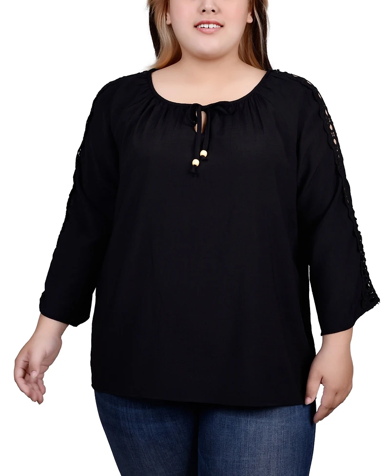 Ny Collection Plus 3/4 Sleeve Crochet Detail Blouse