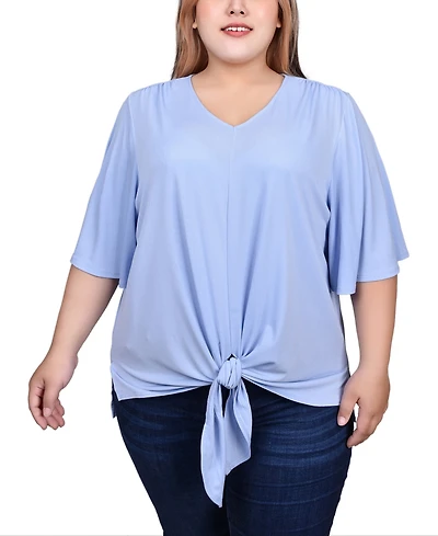 Ny Collection Plus Elbow Sleeve Tie-Front Top
