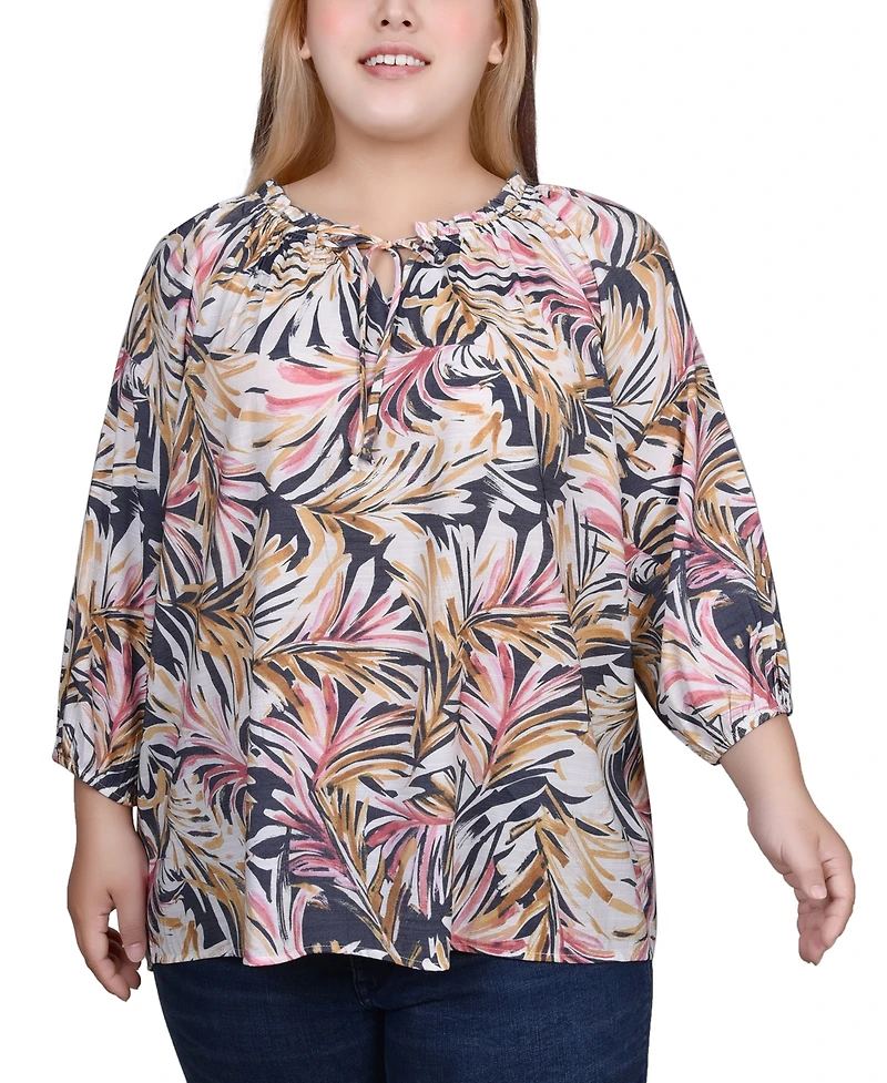 Ny Collection Plus 3/4 Sleeve Drawstring Neck Blouse
