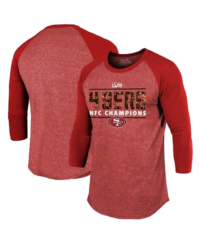 Men's Majestic Threads Scarlet San Francisco 49ers 2023 Nfc Champions Tri-Blend Raglan 3/4-Sleeve T-shirt