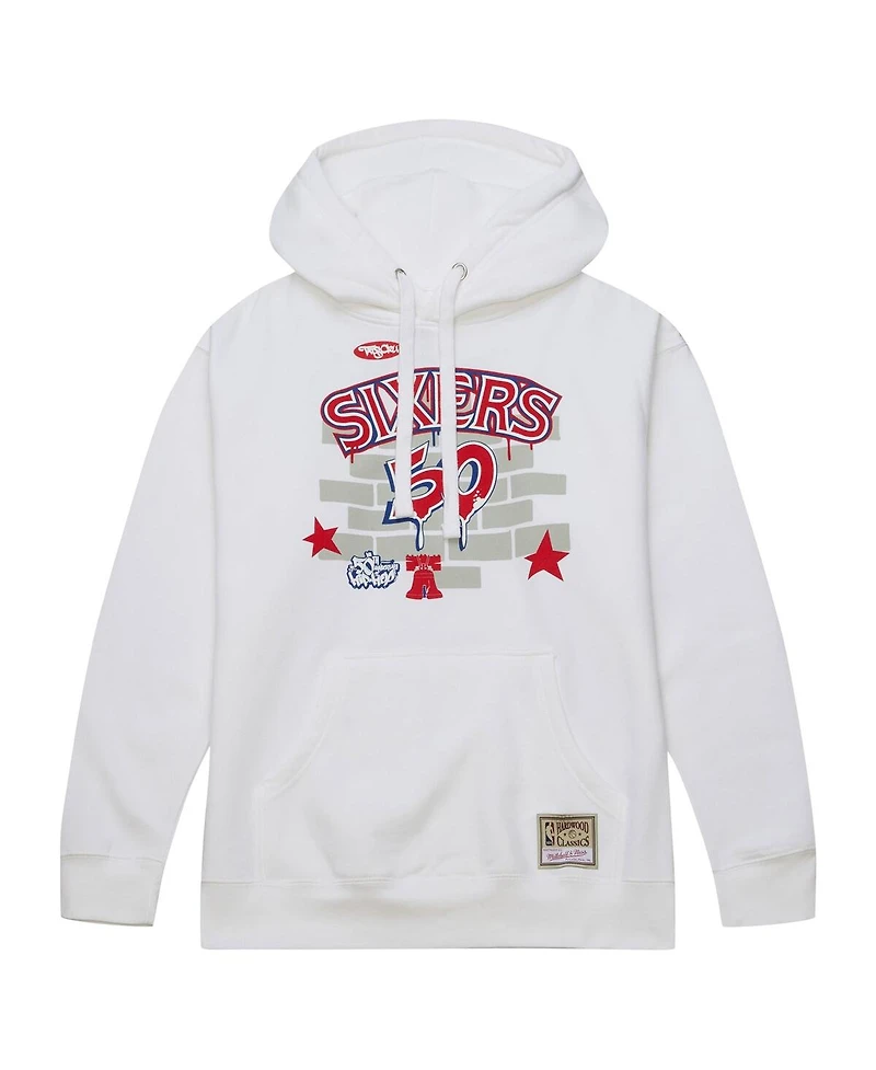 Men's Mitchell & Ness x Tats Cru White Philadelphia 76ers Hardwood Classics Brick Pullover Hoodie
