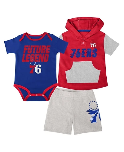 Baby Boys and Girls Royal, Red, Gray Philadelphia 76ers Bank Shot Bodysuit, Hoodie T-shirt and Shorts Set
