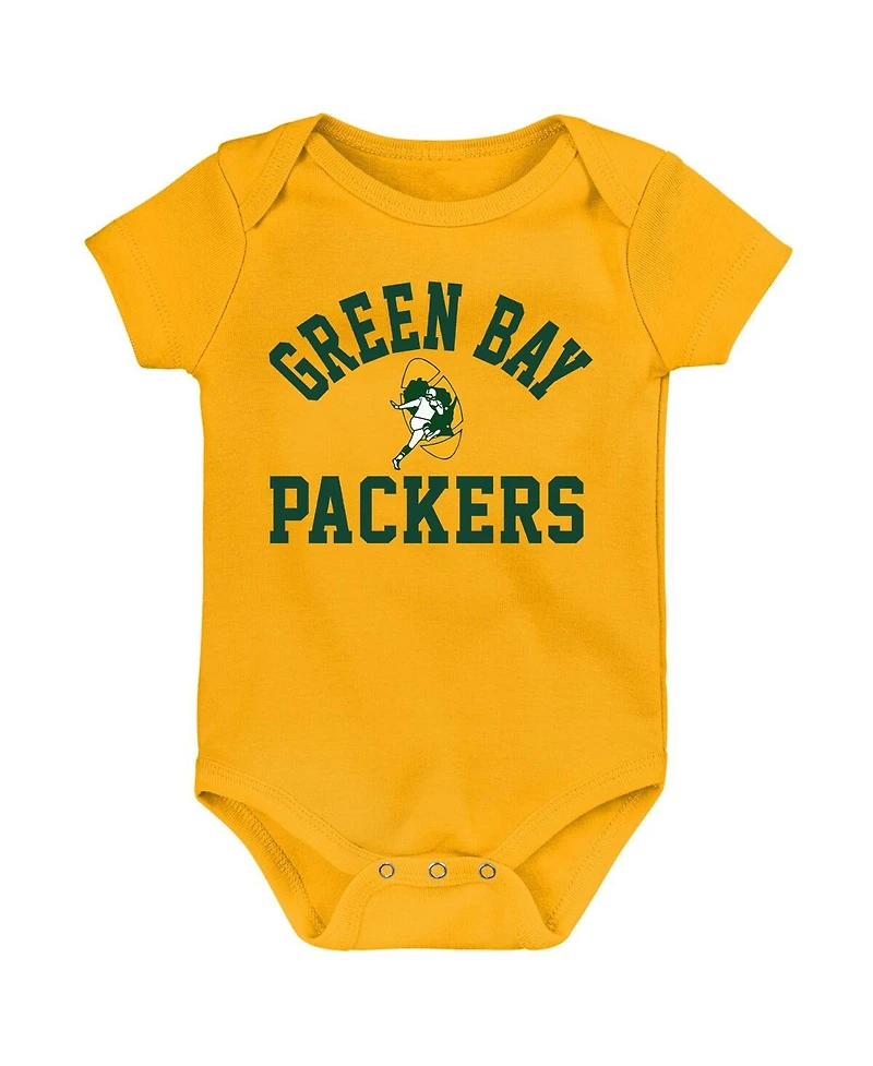 Baby Boys and Girls Green, Gold, Heather Gray Green Bay Packers Three-Pack Eat, Sleep and Drool Retro Bodysuit Set