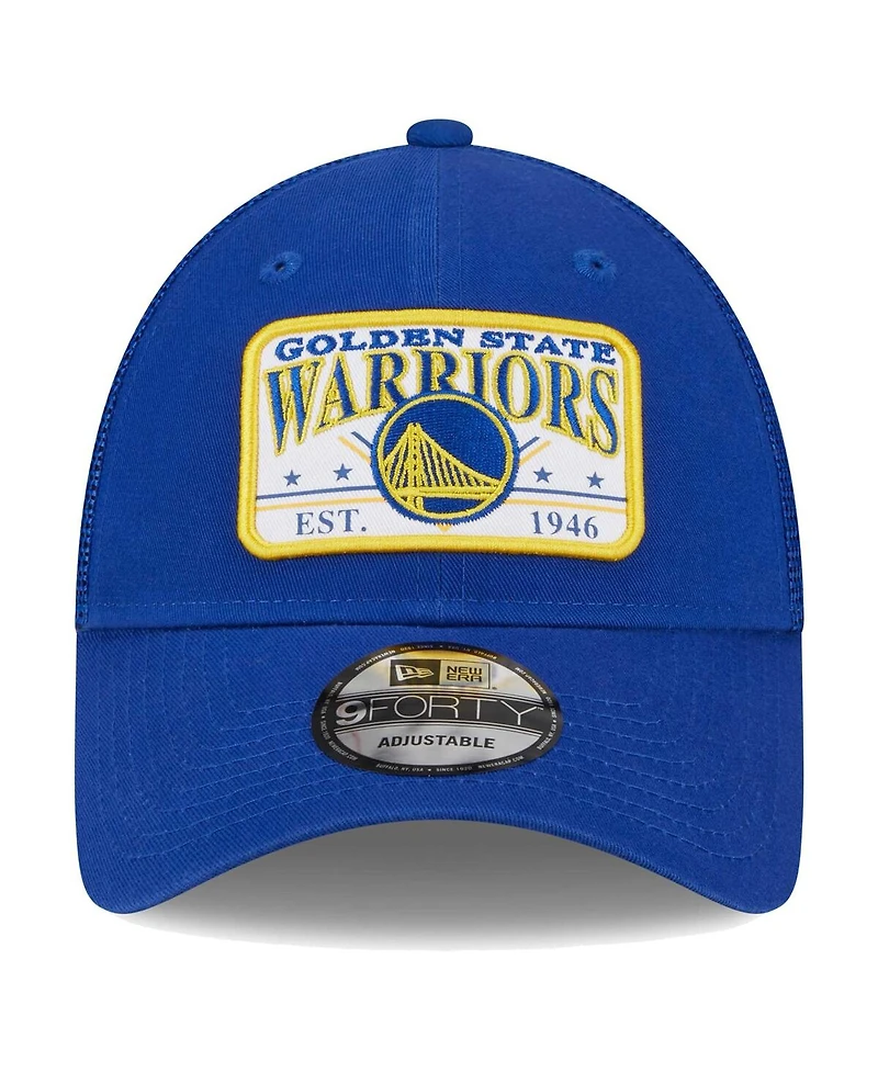 Men's New Era Royal Golden State Warriors Plate Oversized Patch Trucker 9FORTY Adjustable Hat