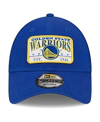 Men's New Era Royal Golden State Warriors Plate Oversized Patch Trucker 9FORTY Adjustable Hat
