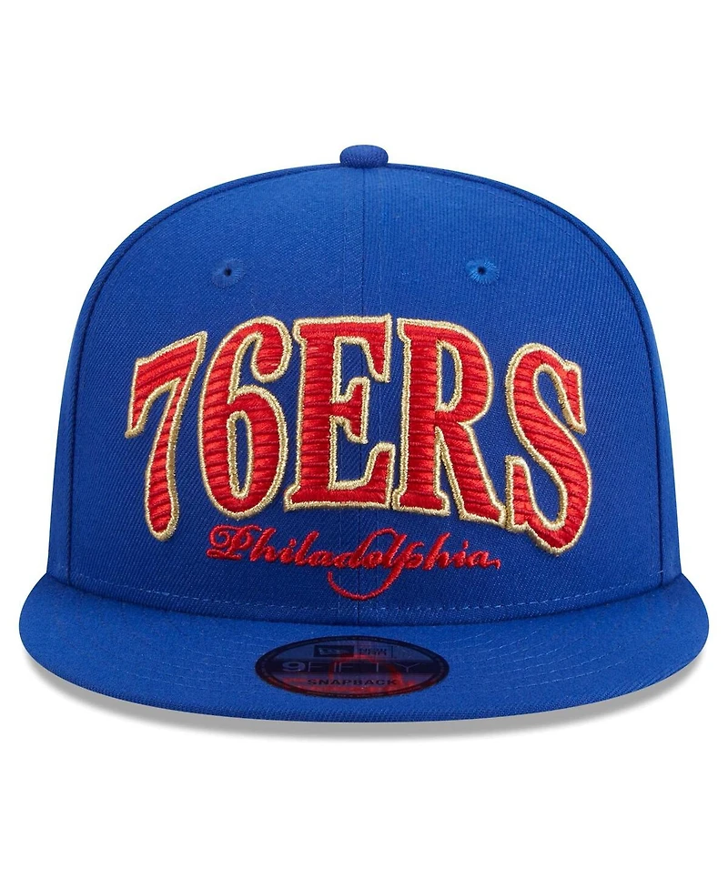 Men's New Era Royal Philadelphia 76ers Golden Tall Text 9FIFTY Snapback Hat