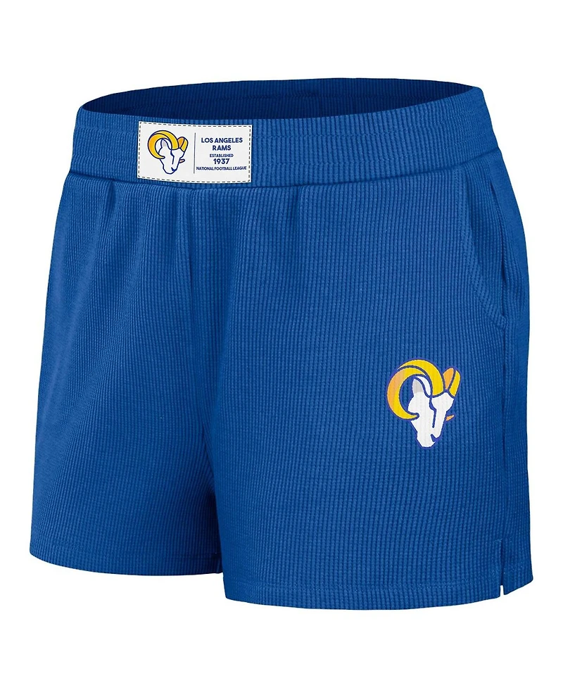 Women's Wear by Erin Andrews Royal Distressed Los Angeles Rams Waffle Knit Long Sleeve T-shirt and Shorts Lounge Set