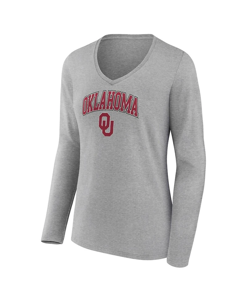 Women's Fanatics Heather Gray Oklahoma Sooners Evergreen Campus Long Sleeve V-Neck T-shirt
