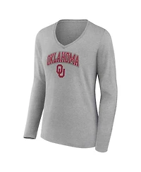 Women's Fanatics Heather Gray Oklahoma Sooners Evergreen Campus Long Sleeve V-Neck T-shirt