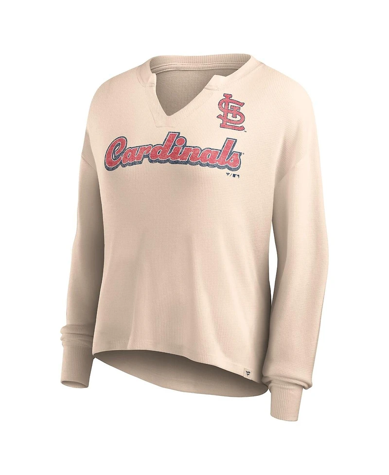 Women's Fanatics Cream Distressed St. Louis Cardinals Go For It Waffle Knit Long Sleeve Notch Neck T-shirt