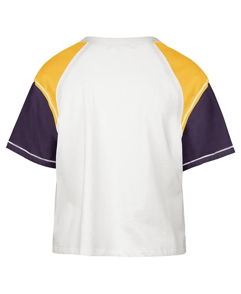 Women's '47 Brand Cream Distressed Los Angeles Lakers Premier Raglan Cropped T-shirt