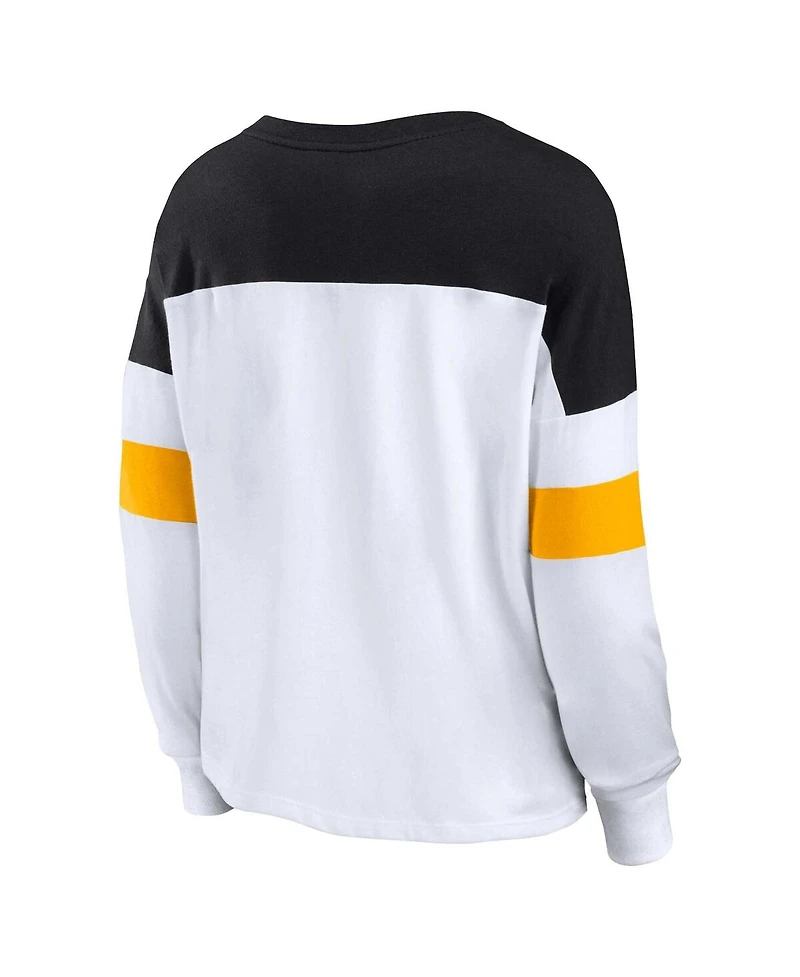 Women's Fanatics White, Black Pittsburgh Steelers Plus Size Even Match Lace-Up Long Sleeve V-Neck Top