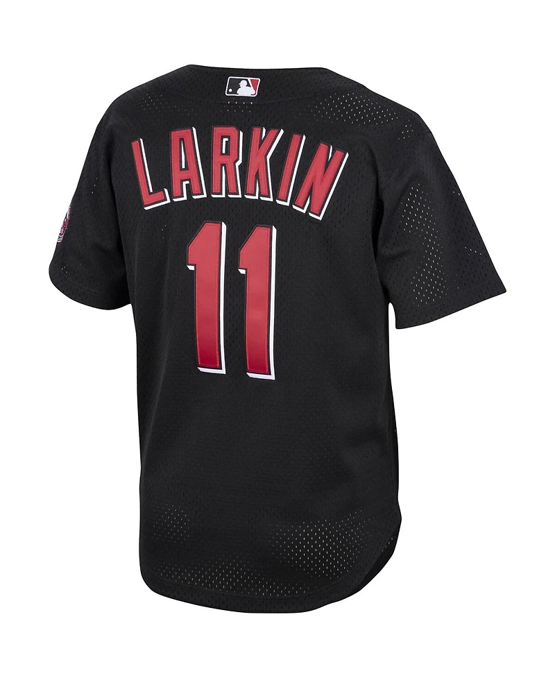 Men's Mitchell & Ness Barry Larkin Black Cincinnati Reds Cooperstown Collection Mesh Batting Practice Button-Up Jersey