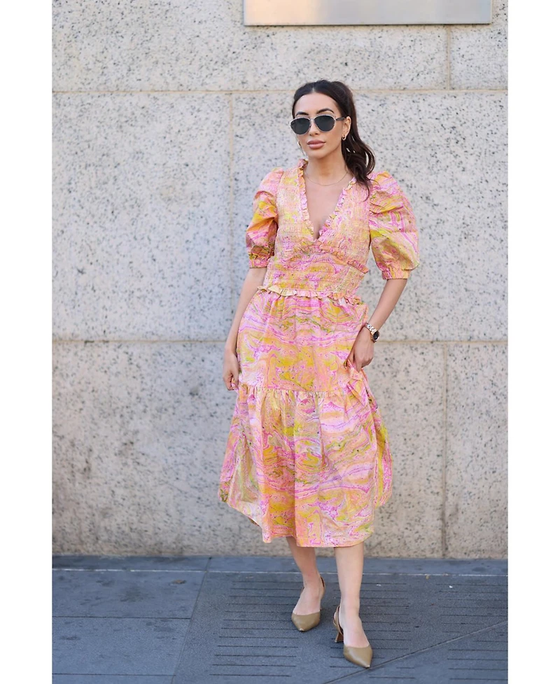 Jessie Zhao New York Astrid Marble Smocked Midi Dress