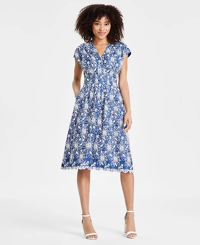 kensie Women's Embroidered Denim Midi Dress