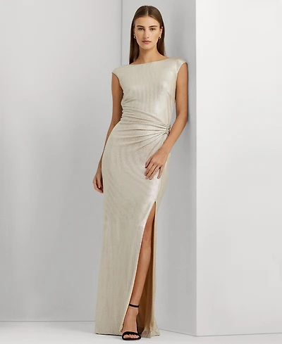 Lauren Ralph Metallic Sleeveless Side-Slit Gown