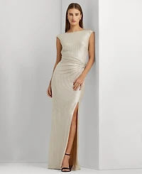 Lauren Ralph Metallic Sleeveless Side-Slit Gown