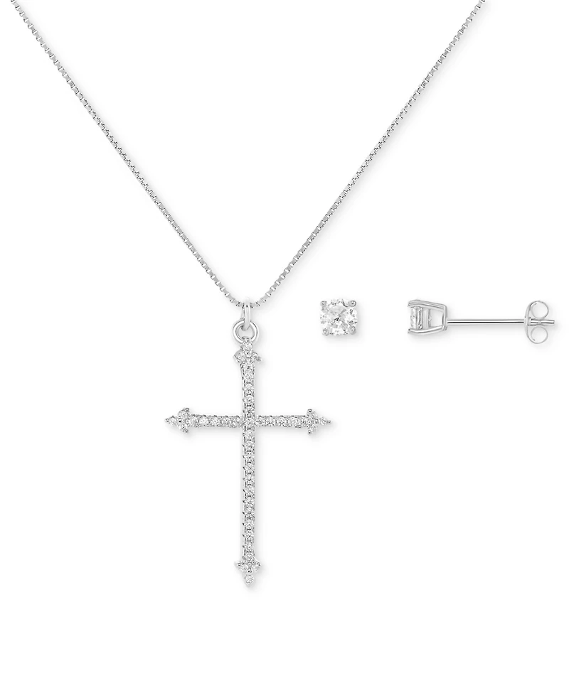 Giani Bernini 2-Pc. St Cubic Zirconia Cross Pendant Necklace & Solitaire Stud Earrings in Sterling Silver, Created for Macy's