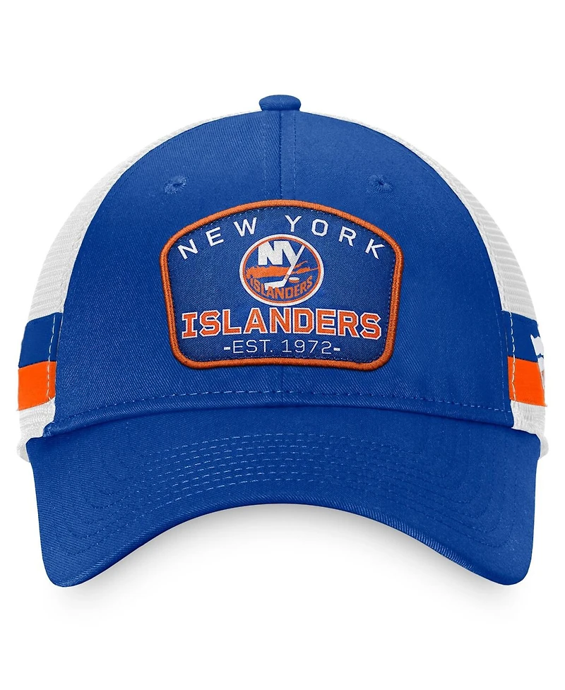 Men's Fanatics Royal, White New York Islanders Fundamental Striped Trucker Adjustable Hat