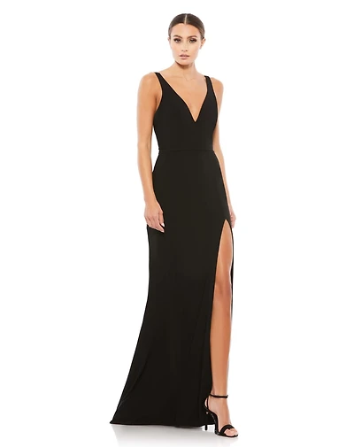Mac Duggal Women's Ieena Plunge Neck High Slit Gown
