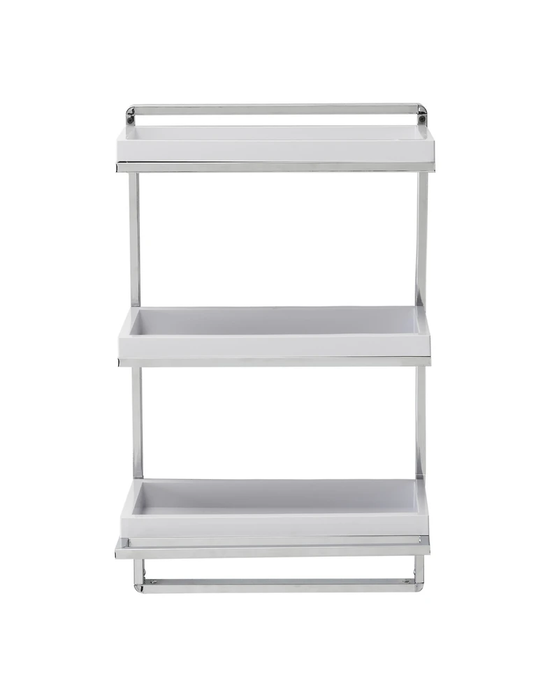 Wall Mount 3-Tier White and Chrome Bathroom Shelf with towel Bar and Removable Trays