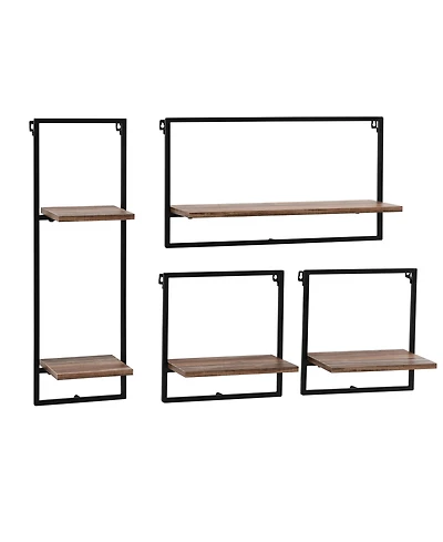 Danya B Framed Wall Art 4-Piece Modern Shelf Set, Black Metal Frame and Rustic Distressed Mdf Shelves