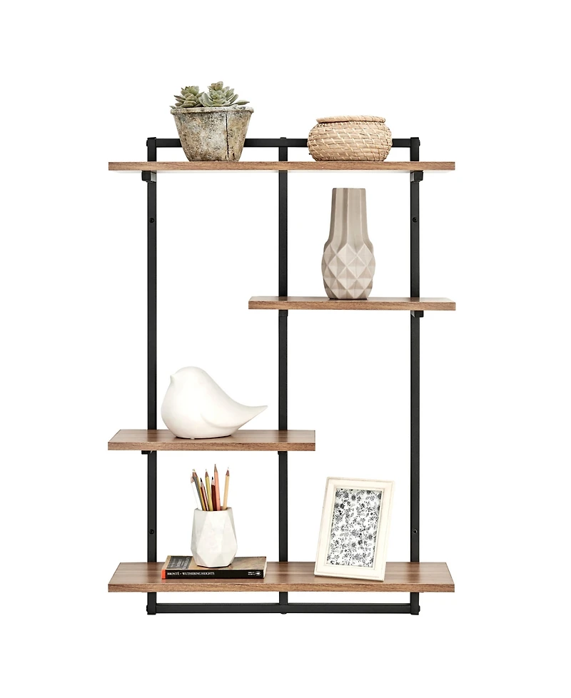Rhodes 4 Tier Modern Floating Windowsill Wall Shelf Unit with Metal Frame and Light Walnut Mdf Shelves