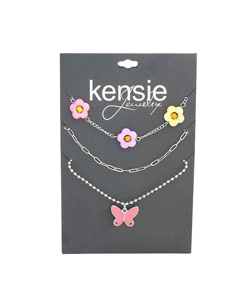 kensie 3 Piece Mixed Chain Necklace Set with Beaded Flowers and Butterfly Pendant