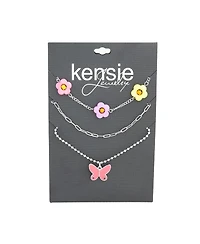 kensie 3 Piece Mixed Chain Necklace Set with Beaded Flowers and Butterfly Pendant