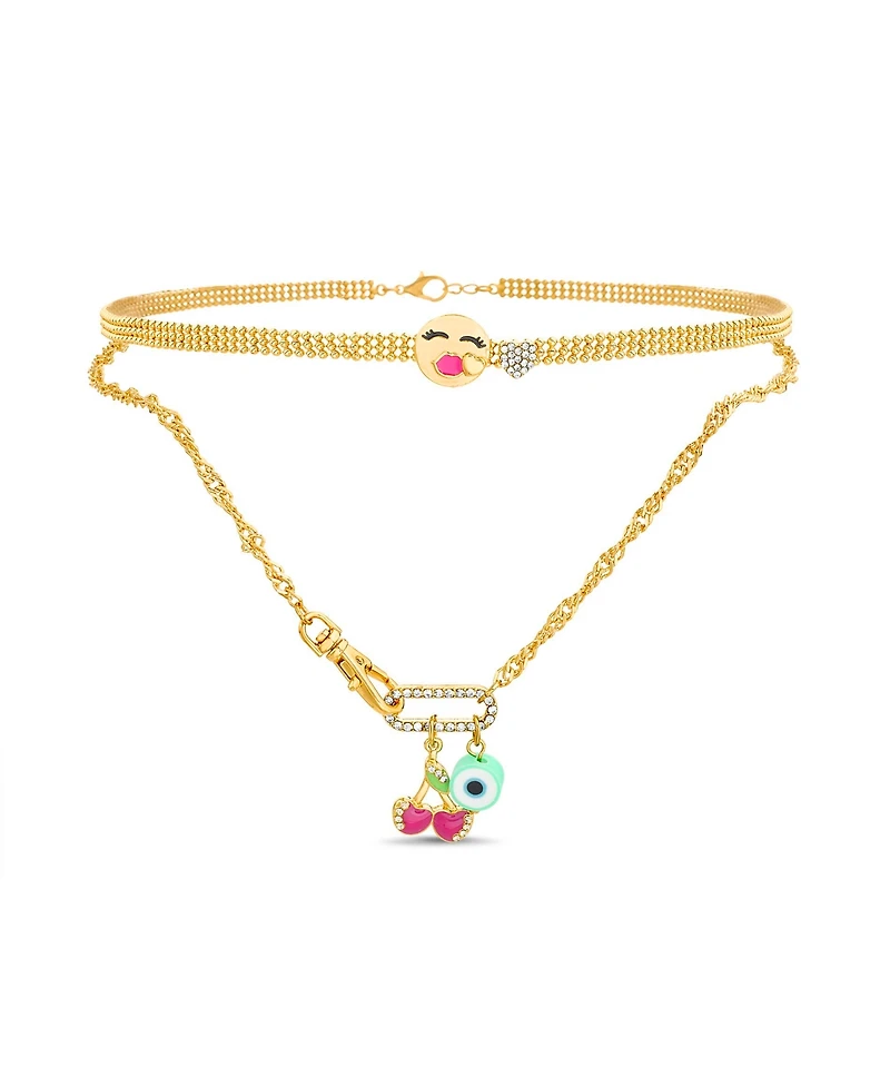 kensie Multi 2 Piece Necklace Set with Heart, Kiss Emoji, Cherry and Bead Charm Pendants
