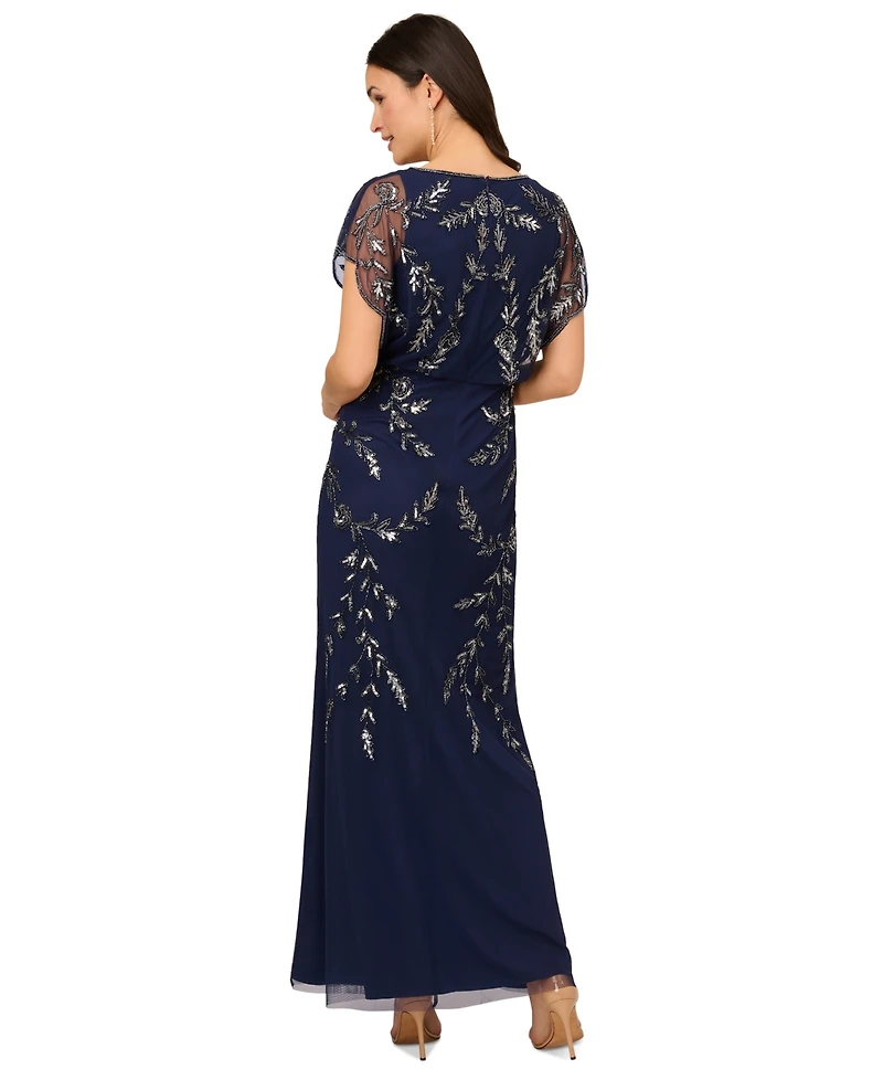 Adrianna Papell Women's Beaded Flutter-Sleeve Blouson Gown