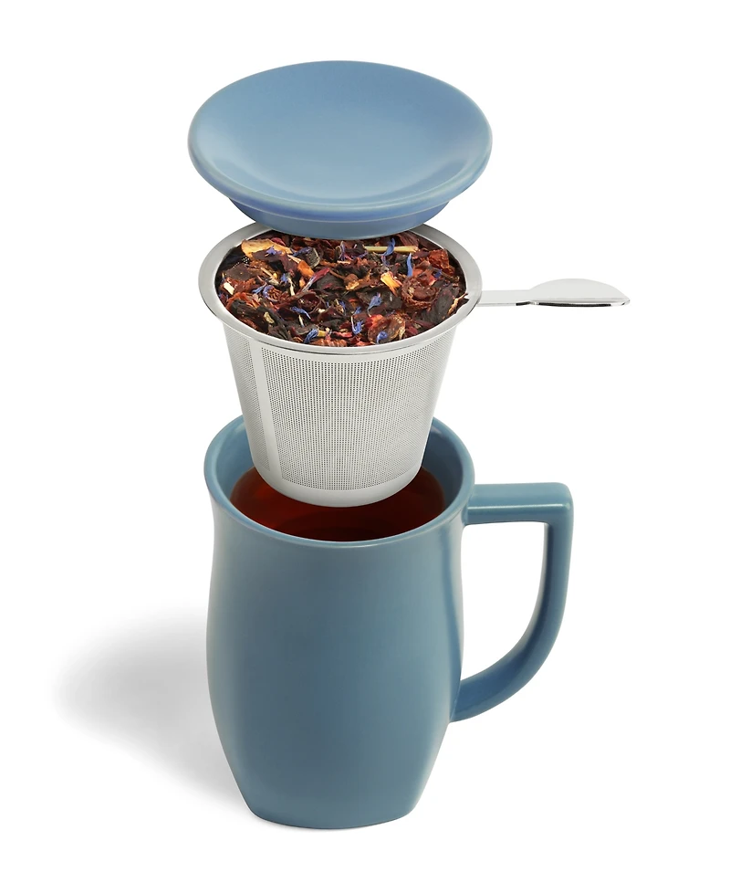 Tea Forte Fiore Stone Blue Teaware and Single Steeps Tea Bundle, 4 Piece