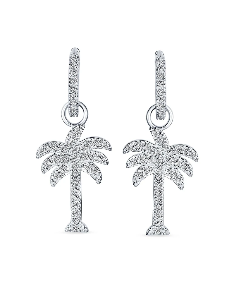 Bling Jewelry Hawaiian Nautical Pave Cz Cubic Zirconia Huggie Mini Hoop Dangle Charm Palm Tree Earrings Sterling Silver