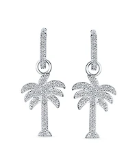 Bling Jewelry Hawaiian Nautical Pave Cz Cubic Zirconia Huggie Mini Hoop Dangle Charm Palm Tree Earrings Sterling Silver